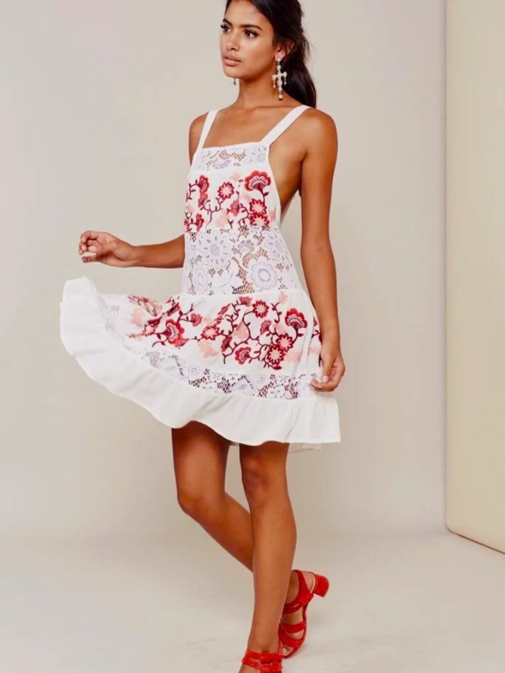 For Love & Lemons White Mini Dress with Red Floral Embroidery